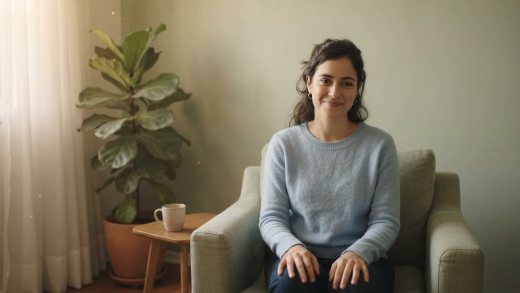Mulher sorrindo, sentada numa poltrona verde no consultório