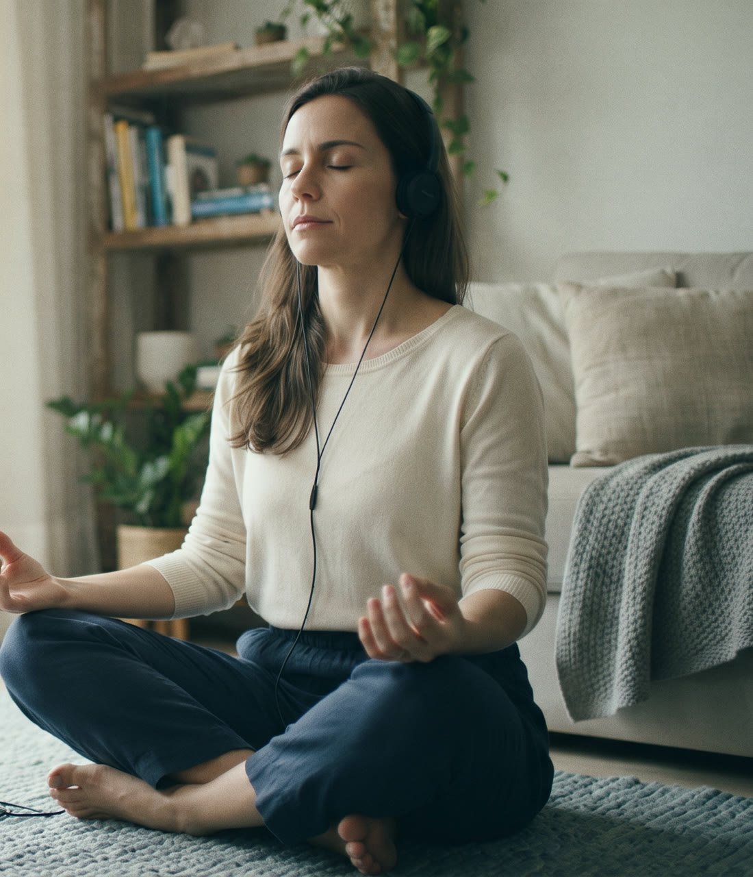 Mulher meditando sentada no tapete de casa, com fones de ouvido